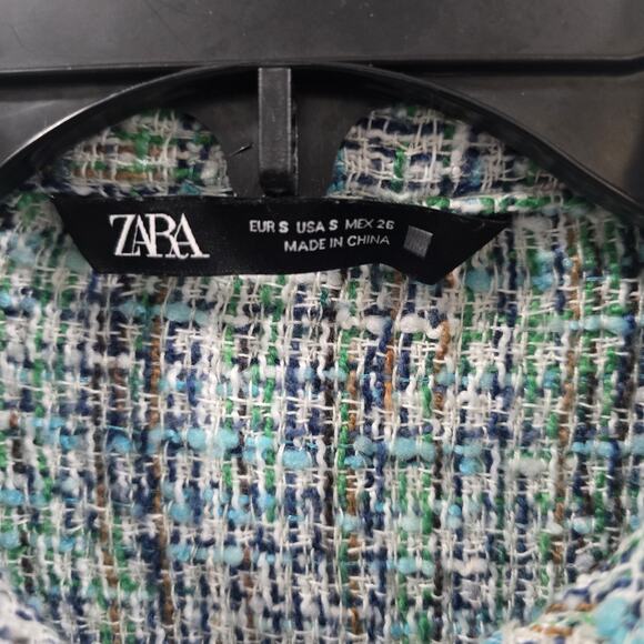 ZARA Short-Sleeve Tweed Crop Top Shirt Women’s Size S Green Blue White Bouclé... - Picture 4 of 10